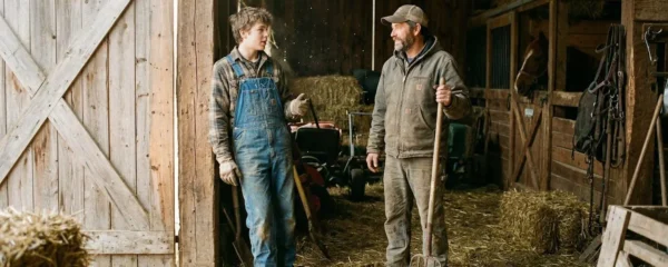 Un adolescent en combinaison de travail échange avec un adulte dans une exploitation agricole, lumière naturelle du matin