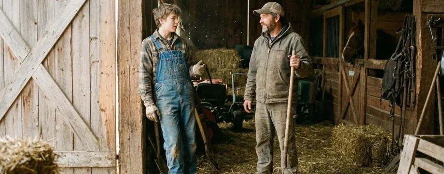 Un adolescent en combinaison de travail échange avec un adulte dans une exploitation agricole, lumière naturelle du matin