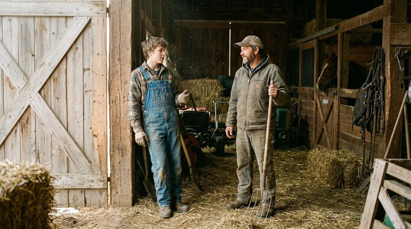 Un adolescent en combinaison de travail échange avec un adulte dans une exploitation agricole, lumière naturelle du matin