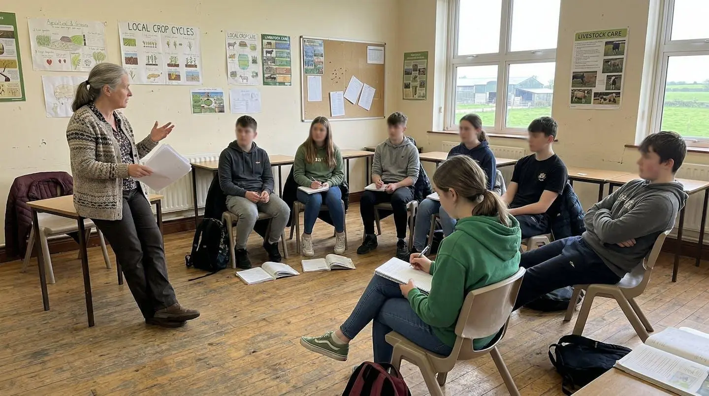 Un groupe de six élèves adolescents assis en demi-cercle dans une salle de classe rurale, un enseignant debout face à eux, affiches agricoles au mur