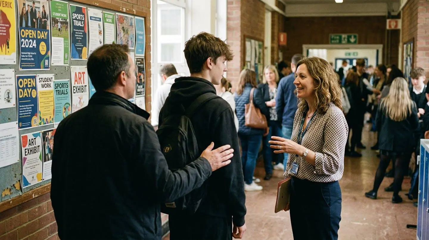 Un parent et son enfant adolescent vus de dos dans un couloir d'établissement scolaire, discutant avec une formatrice de profil