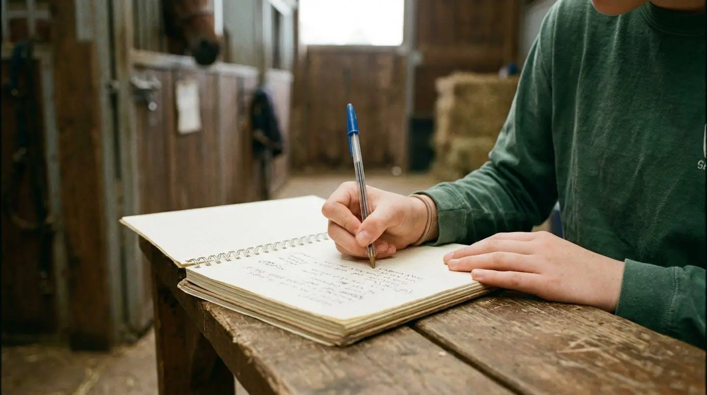 Les mains d'un adolescent écrivant dans un carnet de stage, arrière-plan flouté montrant des boxes de chevaux
