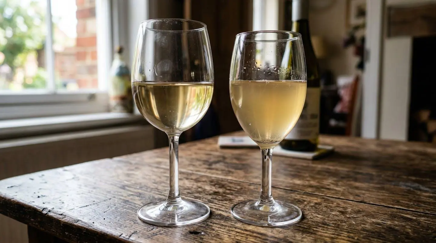 Deux verres à vin posés côte à côte sur une table en bois, éclairés par une lumière naturelle latérale