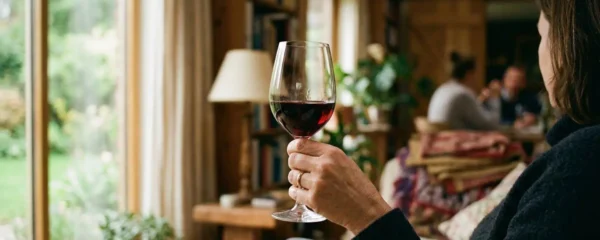 Une main tient délicatement un verre de vin rouge devant la lumière naturelle d'une fenêtre, dans un intérieur chaleureux