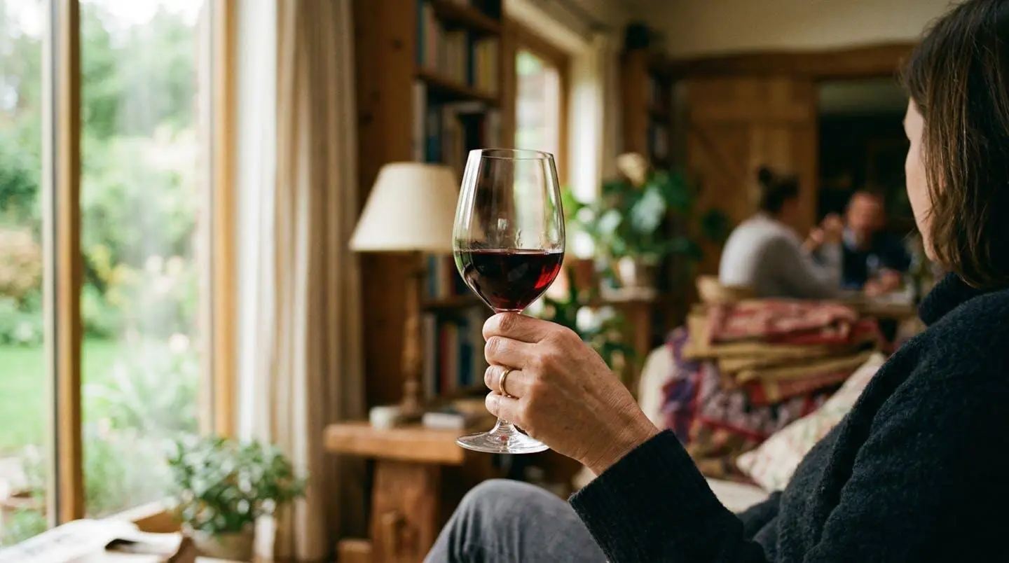 Une main tient délicatement un verre de vin rouge devant la lumière naturelle d'une fenêtre, dans un intérieur chaleureux