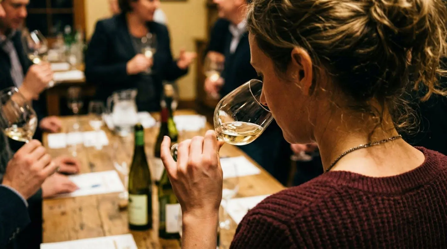 Une personne de dos hume un verre de vin blanc devant une table de dégustation, ambiance conviviale