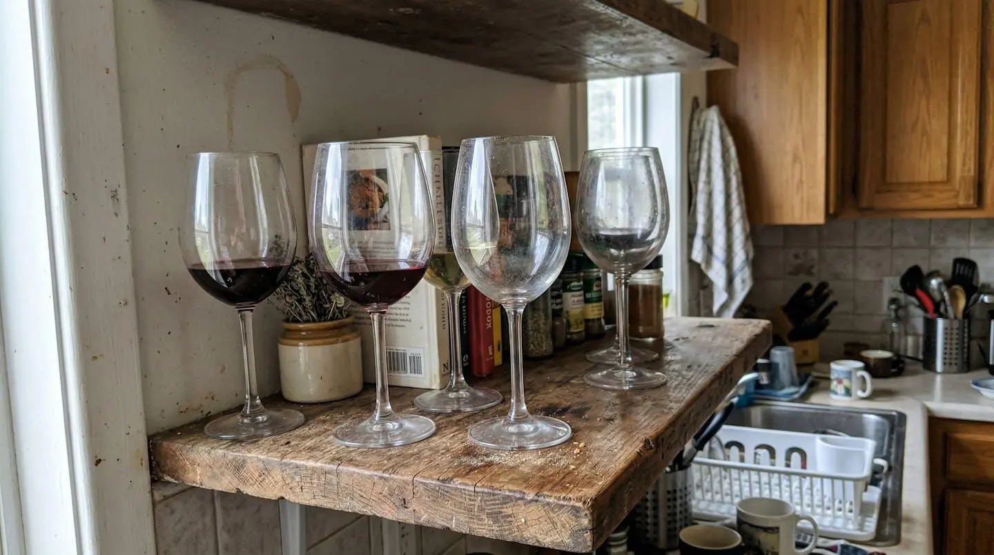 Plusieurs verres à vin rangés sur une étagère en bois dans une cuisine, lumière naturelle