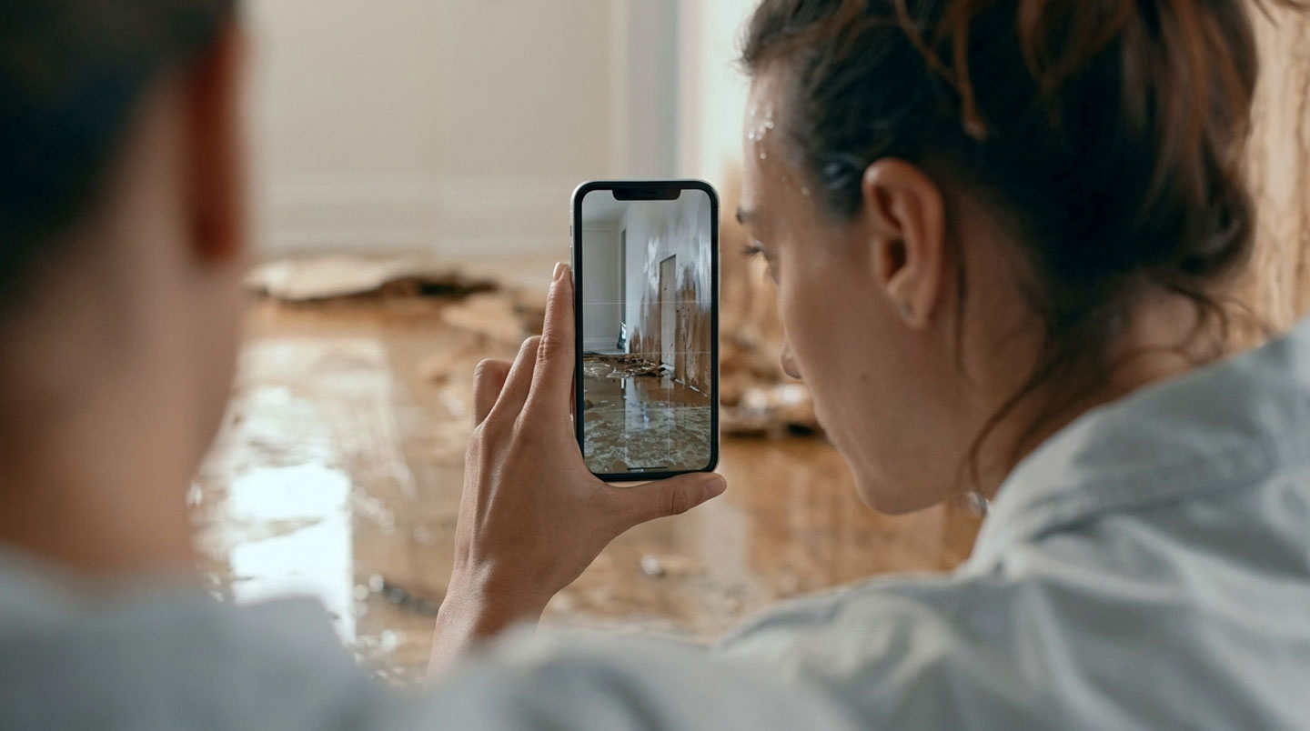 Dirigeant de PME photographiant les dommages dans ses locaux après un sinistre pour constituer son dossier d'assurance