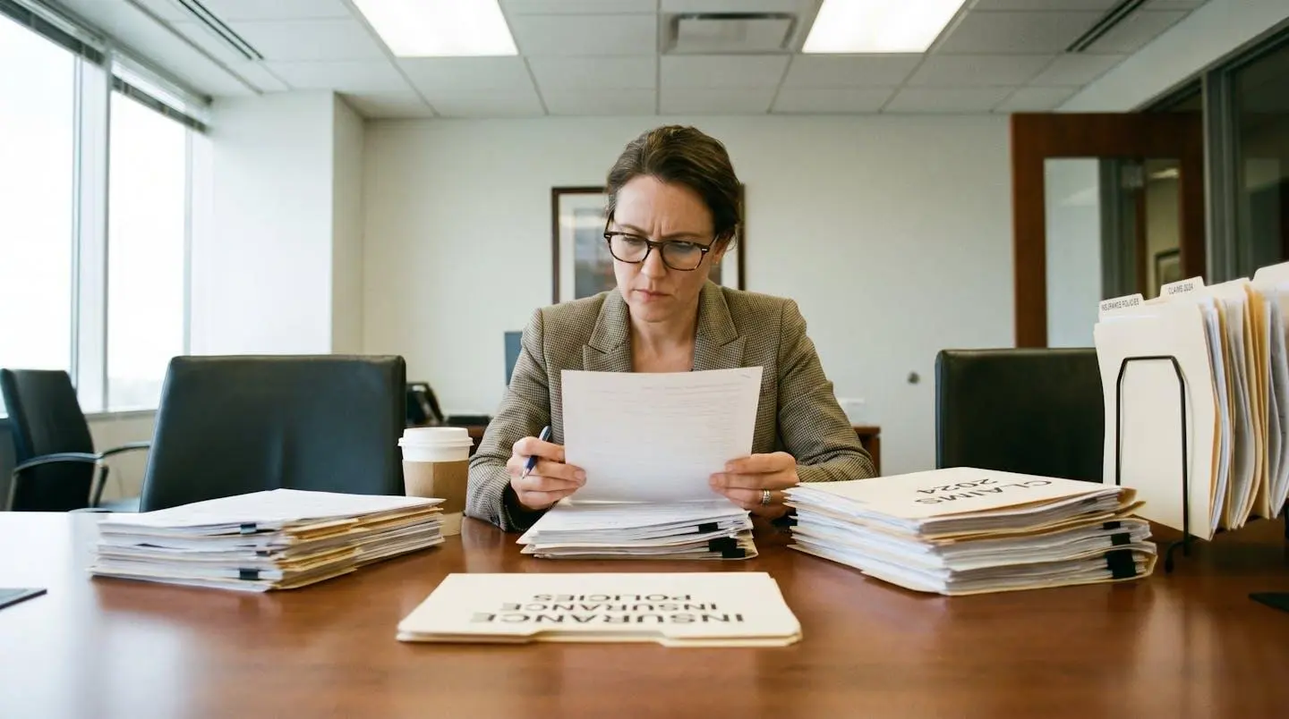 Responsable administratif d'une PME révisant son dossier de sinistre avec des documents et son contrat d'assurance sur une table de réunion