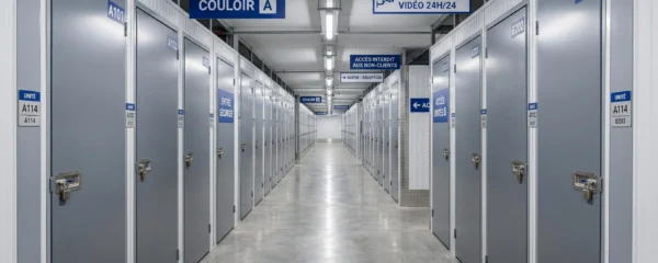 Allée principale d'un centre de self-stockage moderne à Bayonne avec boxes individuels alignés, éclairage professionnel et dispositifs de sécurité visibles
