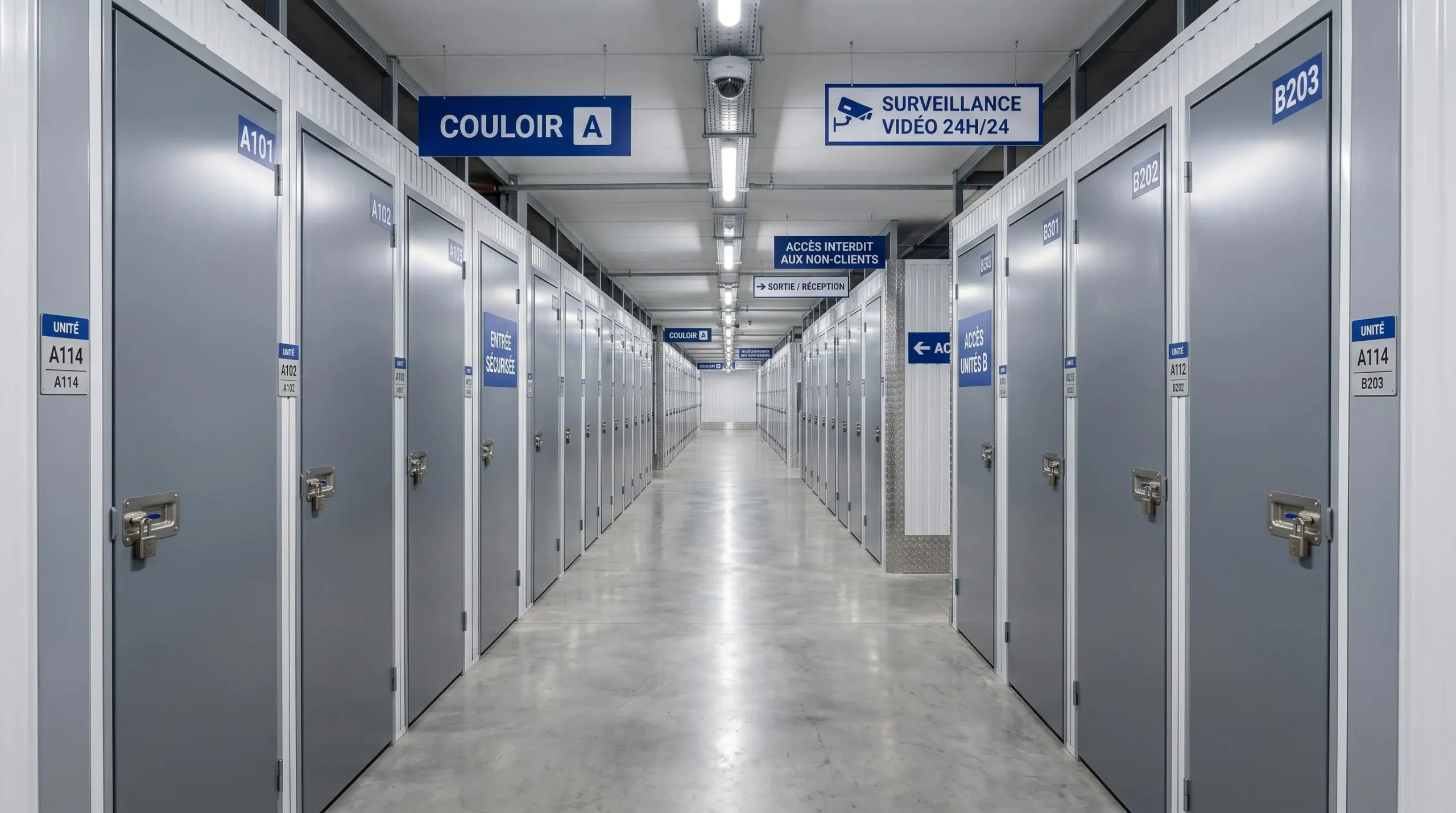 Allée principale d'un centre de self-stockage moderne à Bayonne avec boxes individuels alignés, éclairage professionnel et dispositifs de sécurité visibles