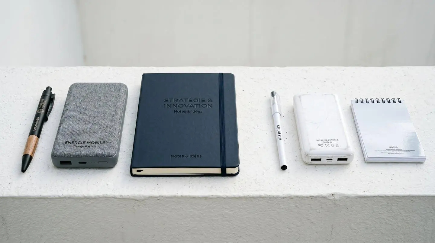 Comparaison entre objets publicitaires utiles et gadgets génériques sur fond neutre