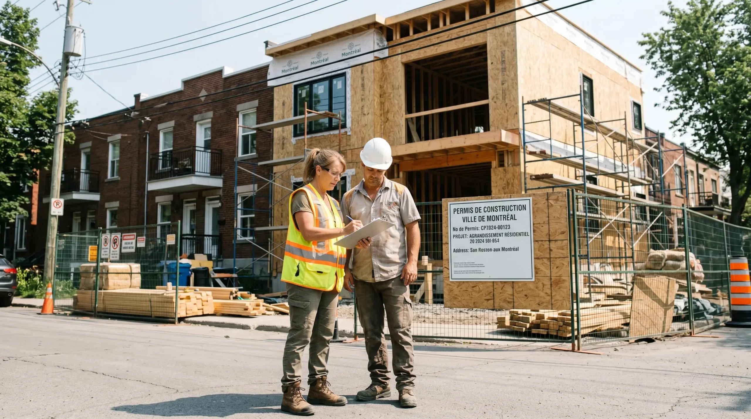 Inspecteur municipal en veste réfléchissante vérifiant la conformité d'une extension résidentielle avec un entrepreneur sur le chantier