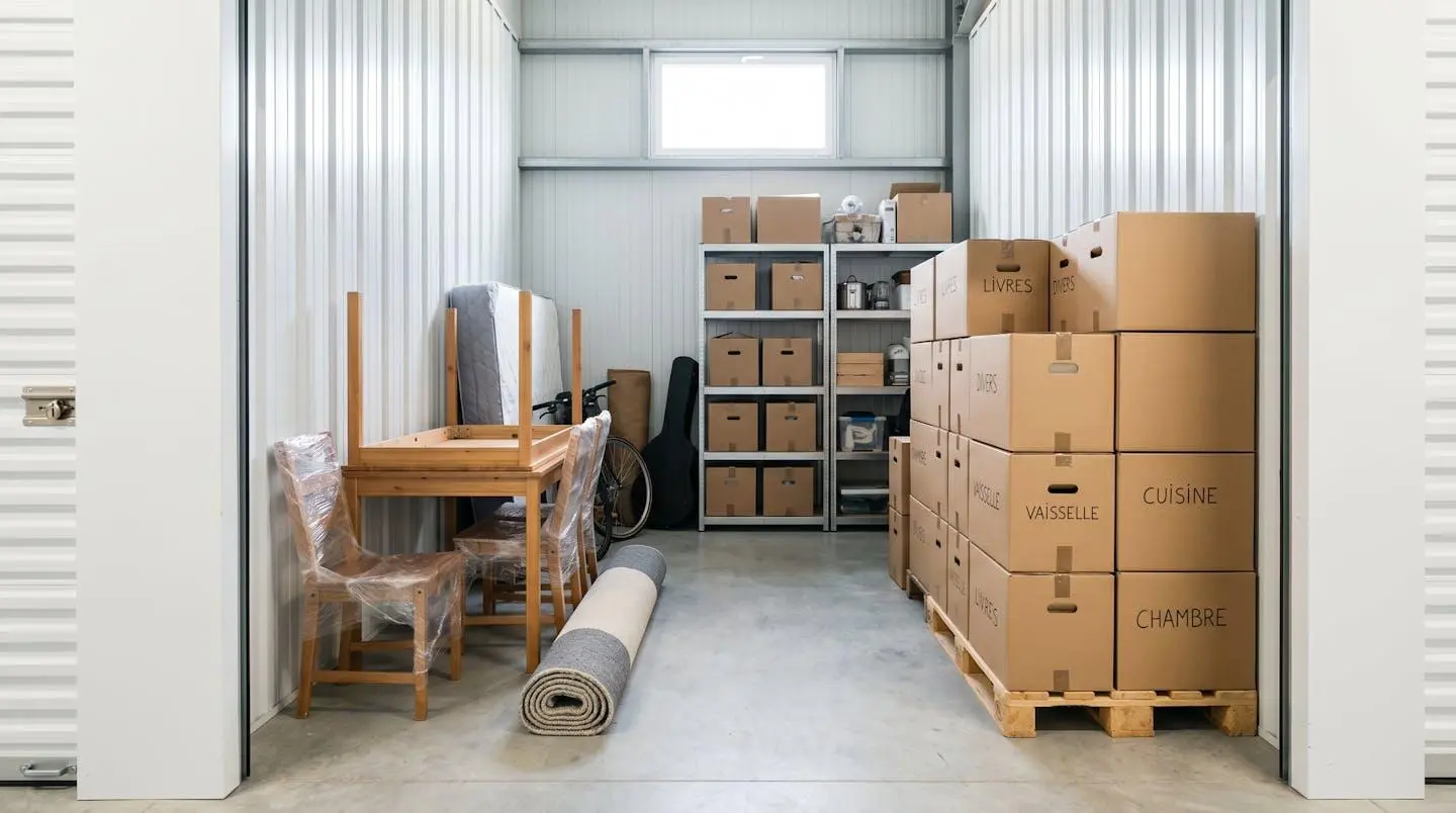 Intérieur d'un box de stockage de taille moyenne à Bayonne avec meubles et cartons organisés montrant l'espace utilisable réel