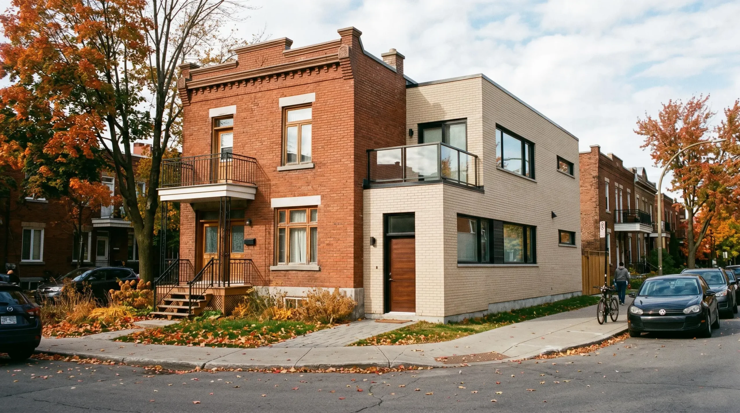 Maison montréalaise en brique avec extension horizontale latérale récemment complétée intégrée à la structure originale