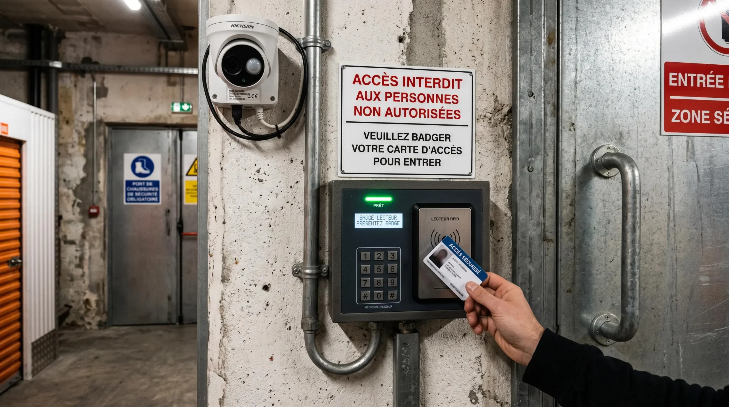 Panneau de contrôle d'accès sécurisé avec lecteur de badge et caméra de surveillance dans un centre de stockage bayonnais