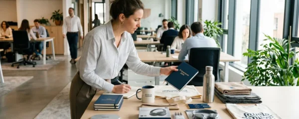 Responsable marketing examinant une sélection d'objets publicitaires personnalisés dans un bureau contemporain