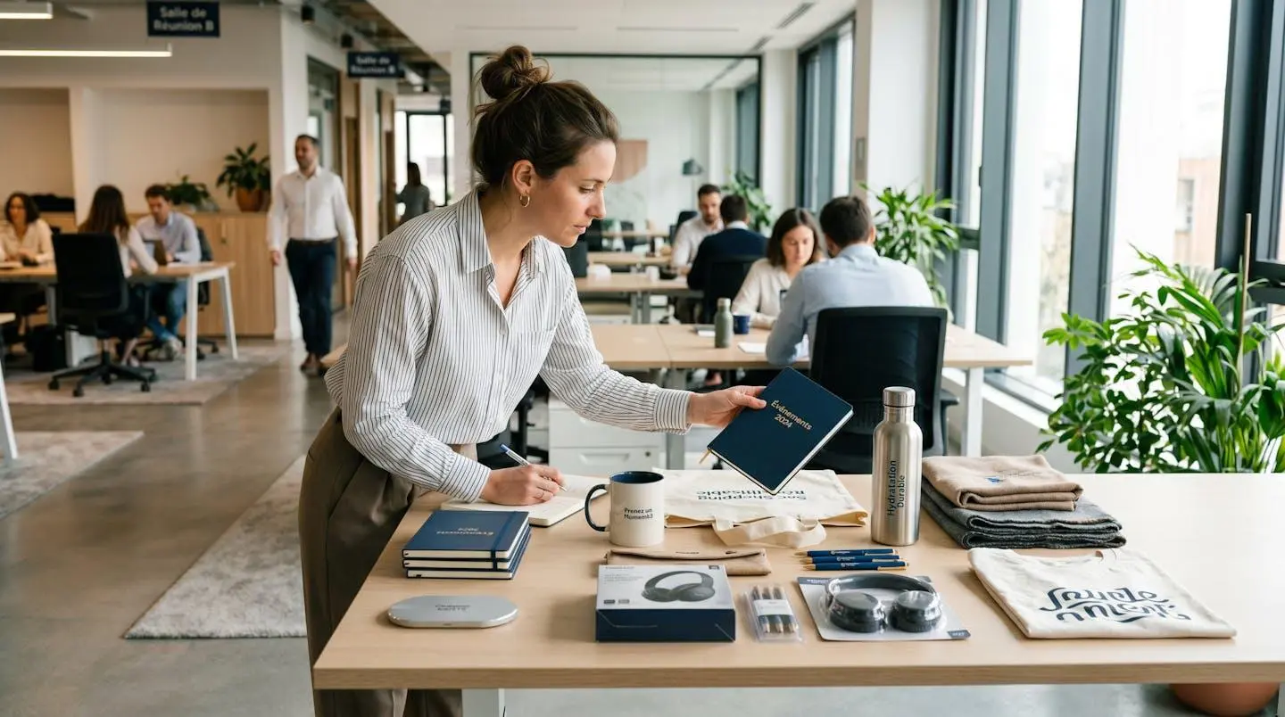 Responsable marketing examinant une sélection d'objets publicitaires personnalisés dans un bureau contemporain