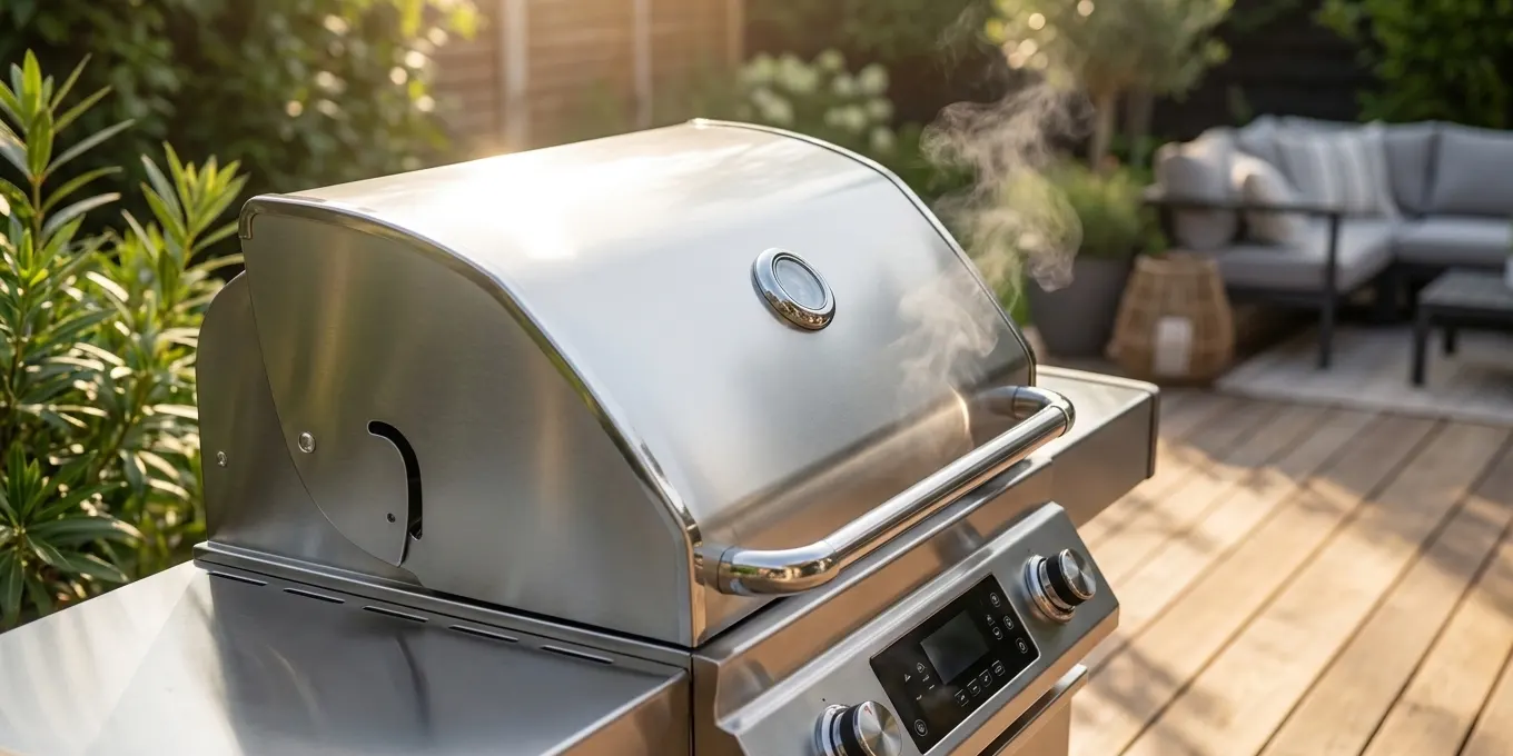 Main adulte soulevant le couvercle métallique d'un barbecue électrique en cours de cuisson, laissant échapper de la vapeur, sur une terrasse urbaine française en fin d'après-midi