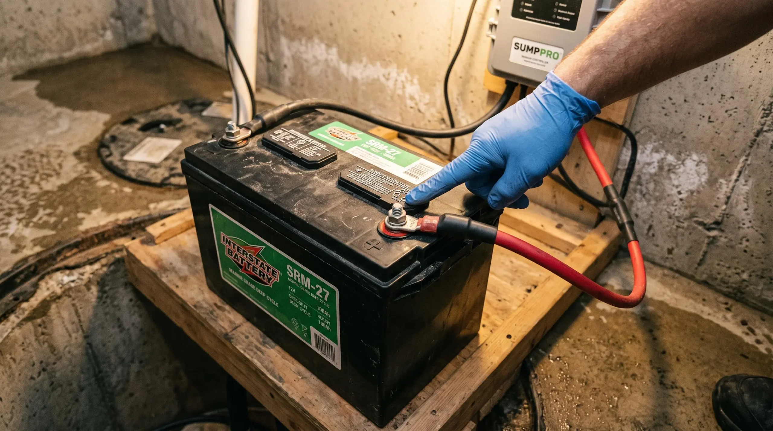 Gros plan d'un système de batterie de secours avec connexions électriques vers un contrôleur de pompe de puisard d'urgence.