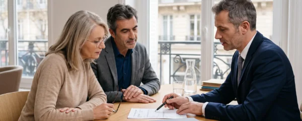 Un conseiller en gestion de patrimoine explique un relevé d'épargne à un couple de quinquagénaires dans un bureau en France.