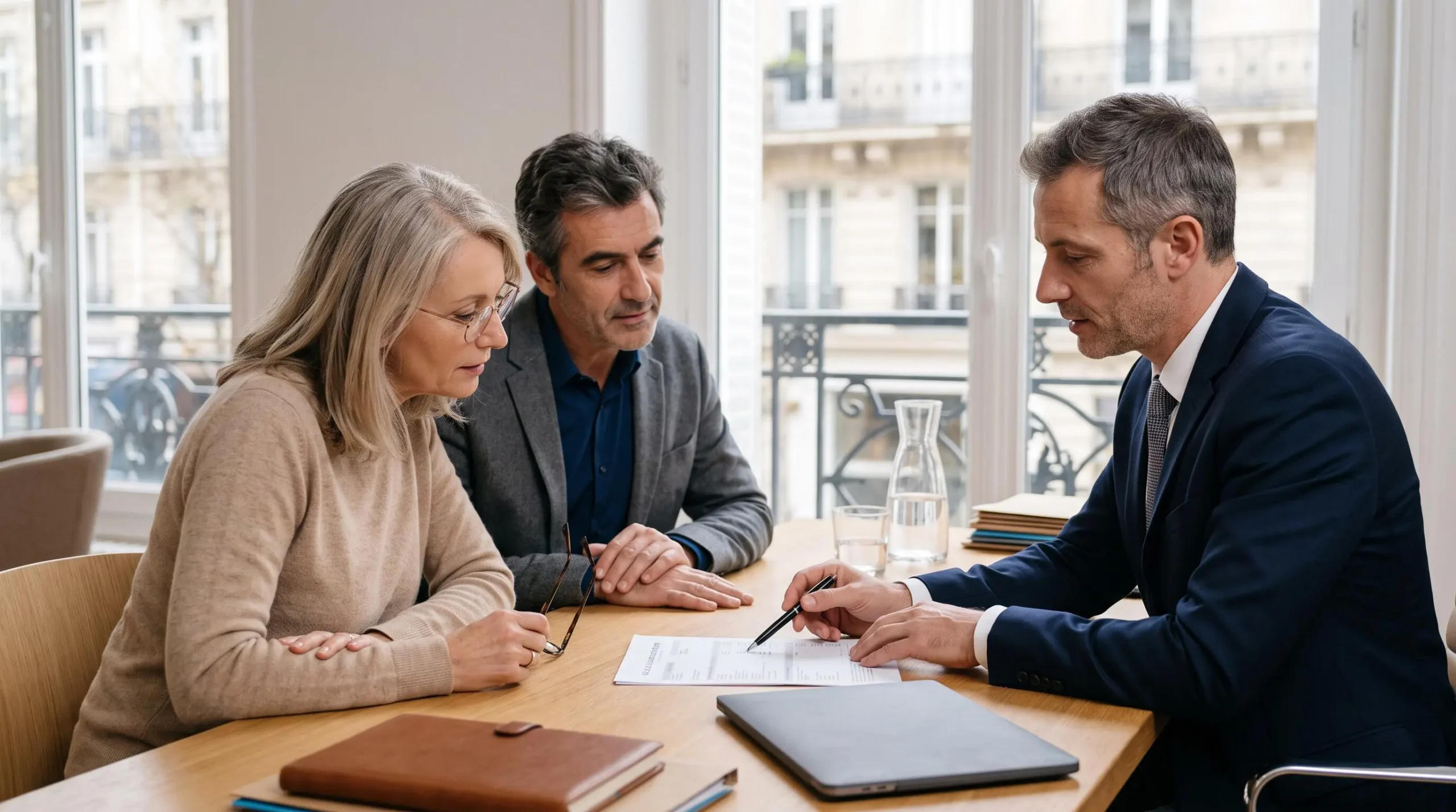 Un conseiller en gestion de patrimoine explique un relevé d'épargne à un couple de quinquagénaires dans un bureau en France.
