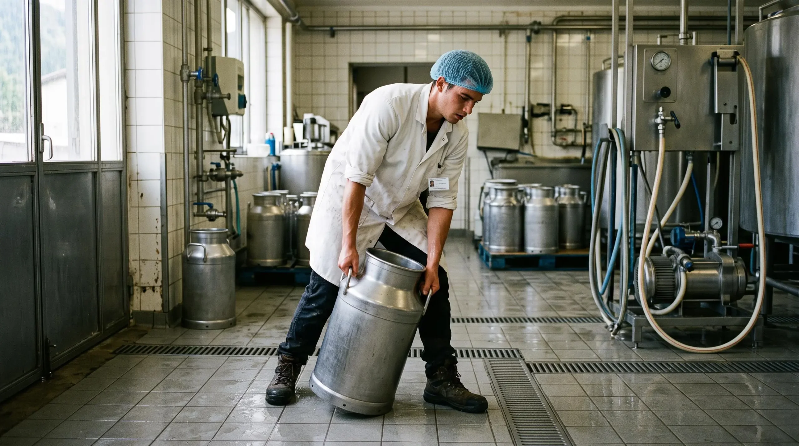Employé saisonnier manipulant des bidons de lait dans la zone de réception d'une fruitière