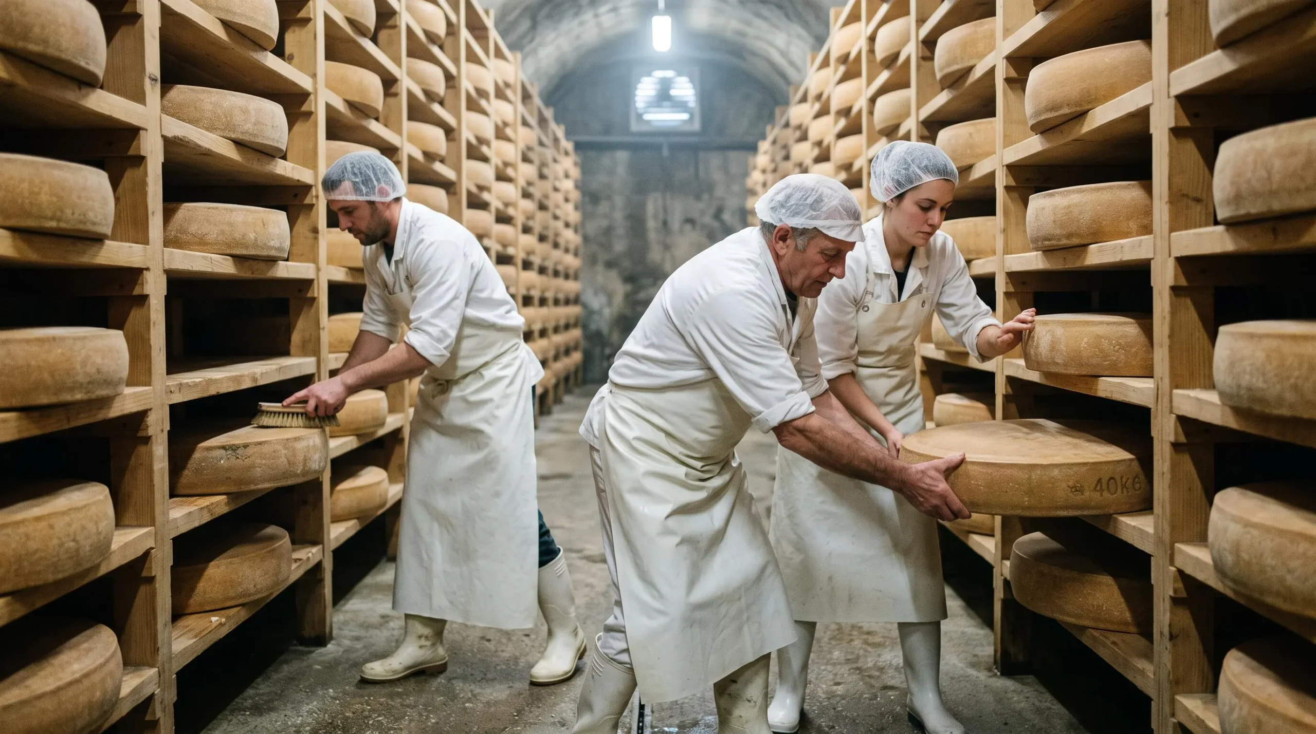 Équipe de trois employés retournant des meules de Comté dans la cave d'affinage d'une fruitière