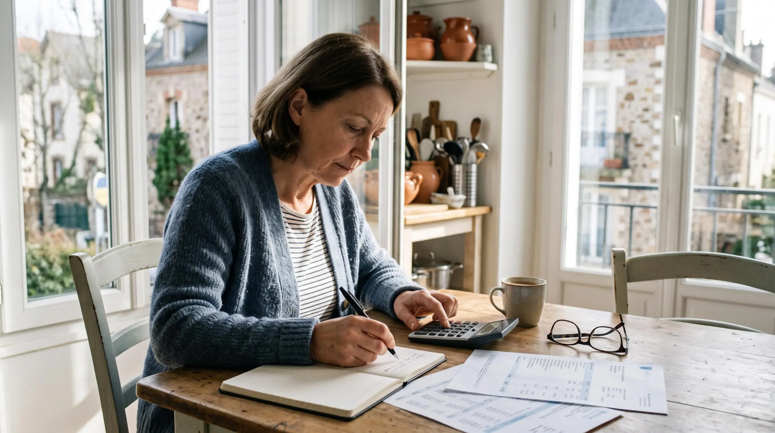 Une femme calcule son plan d'épargne retraite avec une calculatrice et un carnet, à la table de sa cuisine.