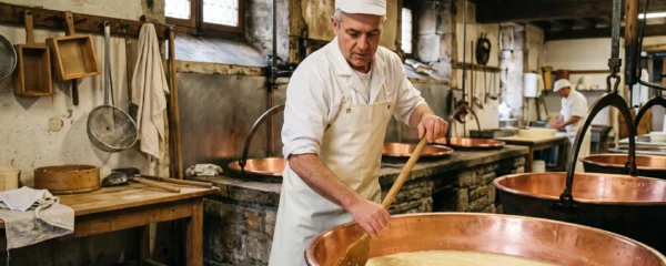 Maître fromager contrôlant la fabrication du Comté dans une fruitière traditionnelle jurassienne avec cuves en cuivre
