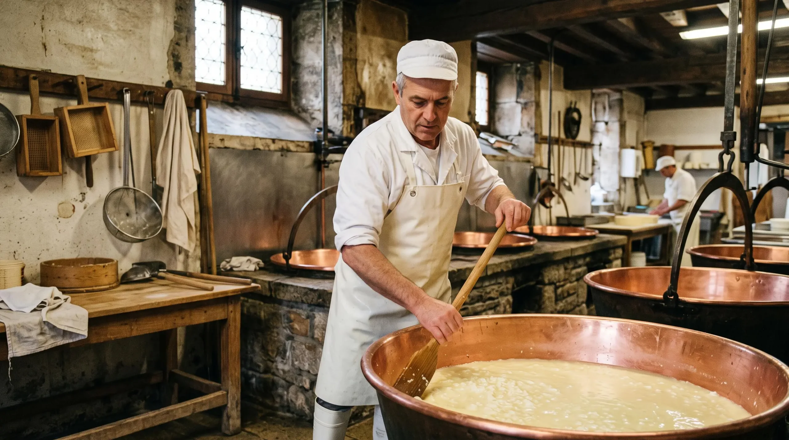 Maître fromager contrôlant la fabrication du Comté dans une fruitière traditionnelle jurassienne avec cuves en cuivre
