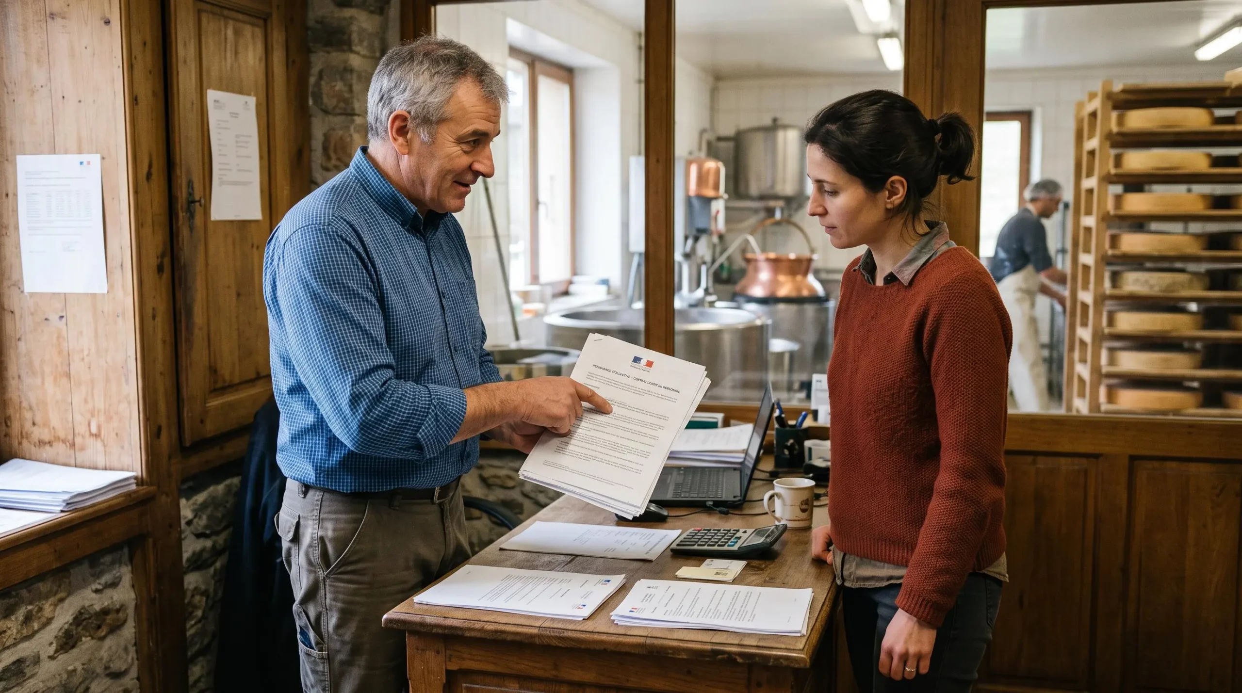 Gérant de fruitière expliquant les documents de prévoyance collective à un employé permanent