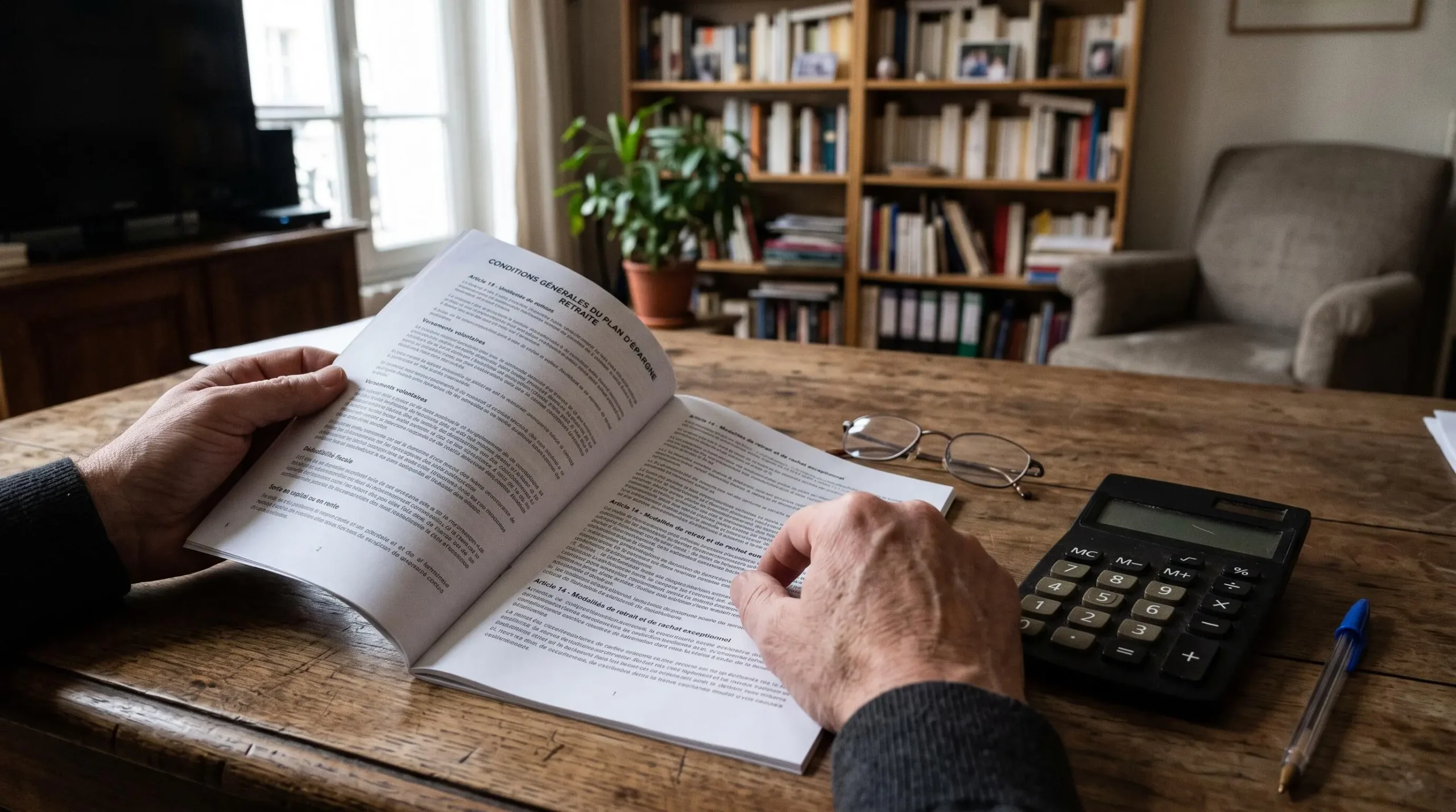 Un homme lit attentivement les conditions de retrait d'un contrat d'épargne retraite imprimé, à son domicile.