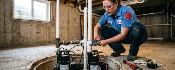 Plombier installant un système de pompes combinées avec pompe primaire et pompe de secours dans un puisard de sous-sol.