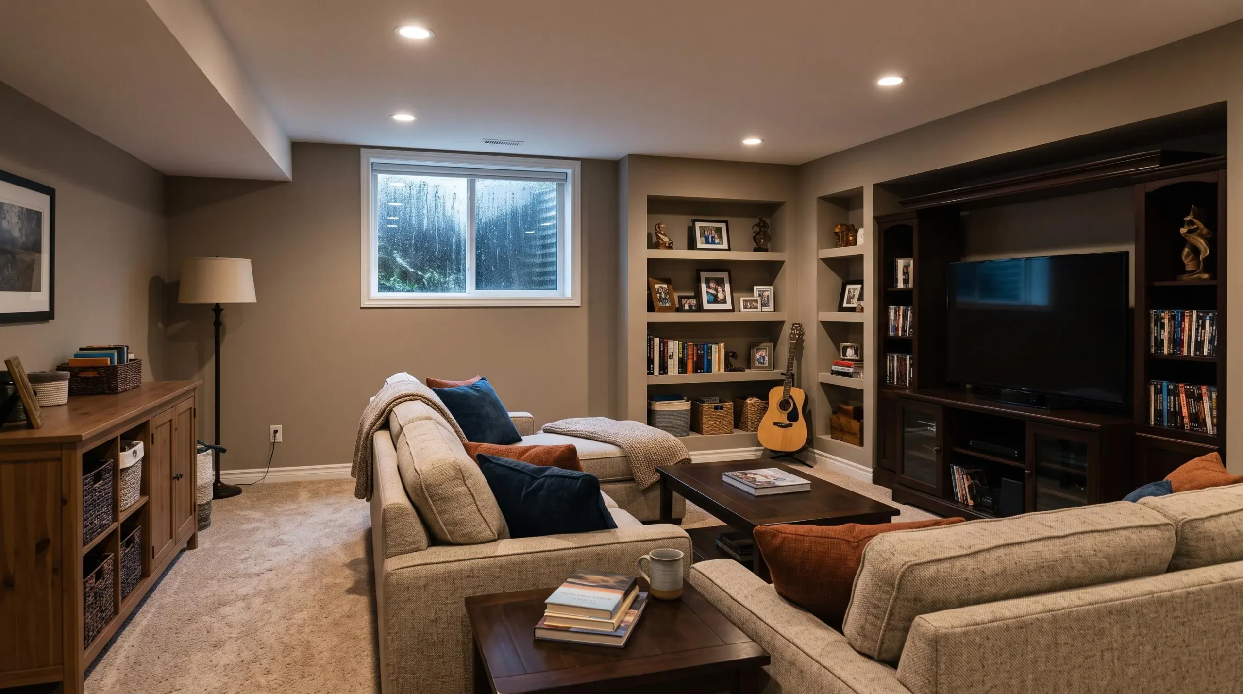 Espace de vie aménagé au sous-sol avec mobilier et zone de divertissement pendant une tempête de pluie visible par la fenêtre.