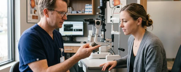 Un optométriste montre une lentille de contact sur son doigt à une patiente en clinique.