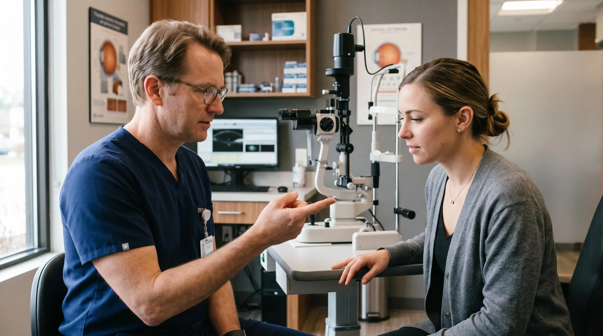 Un optométriste montre une lentille de contact sur son doigt à une patiente en clinique.
